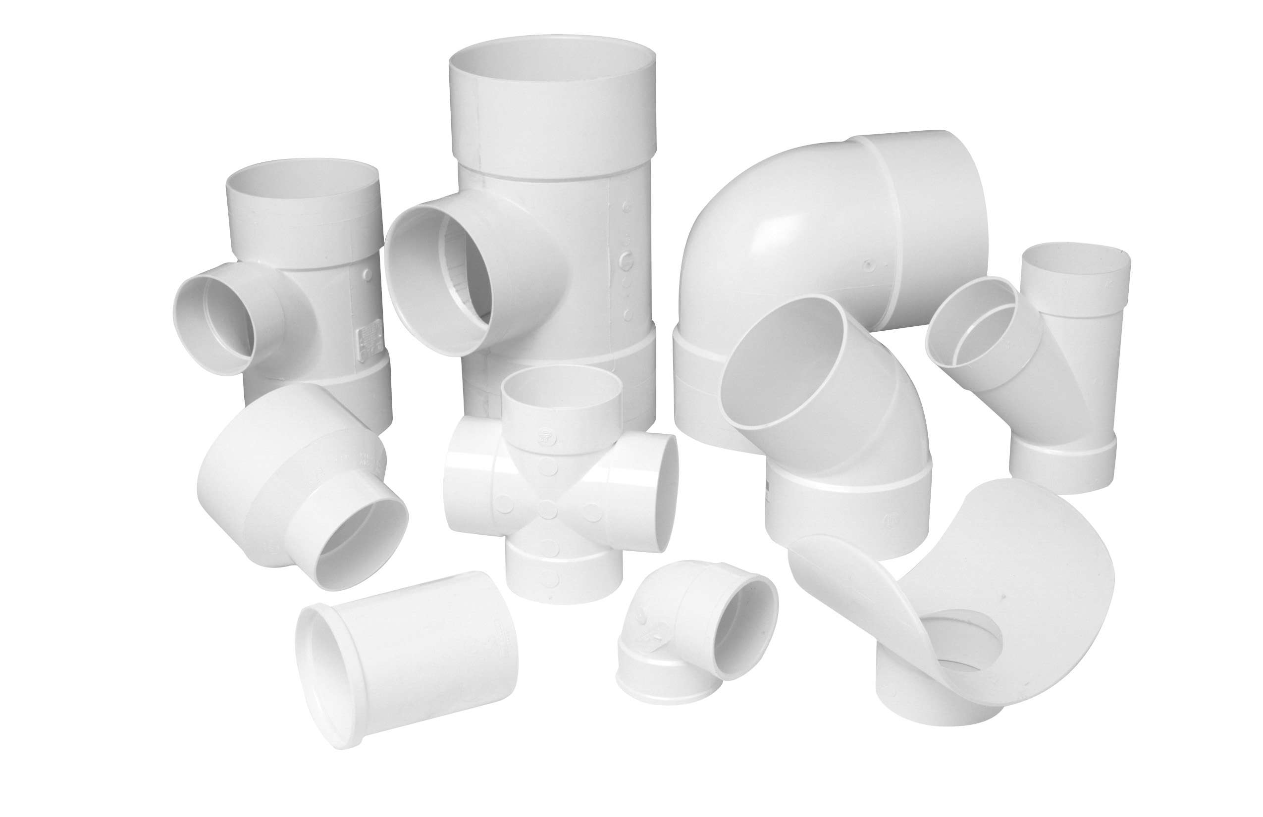 Solvent weld sewer fittings group shot on white background