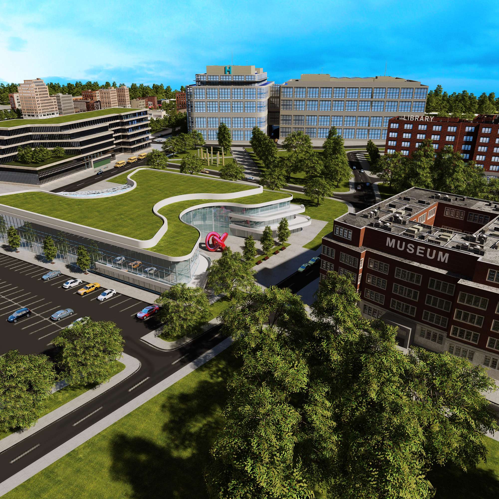 Aerial view of a hospital, museum, library and community center