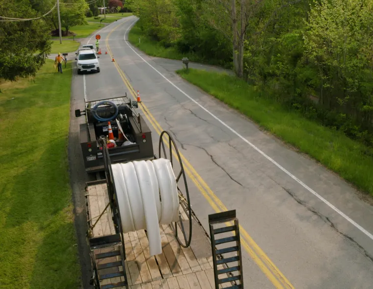 Aerial view of Novaform pipe on truck prior to installation on the worksite